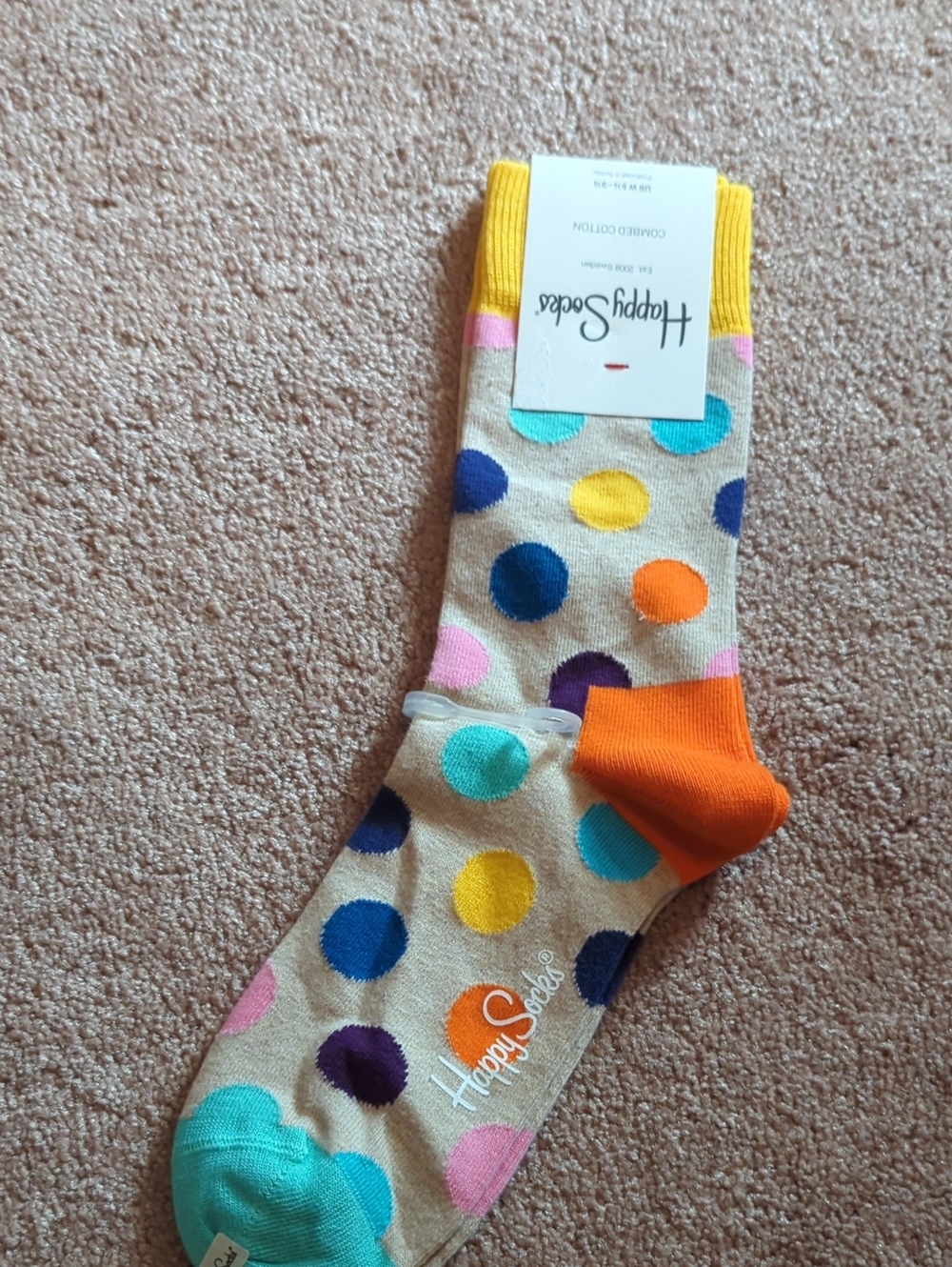 Happy Socks Beige Crew Socks with Multicolor Polka Dots